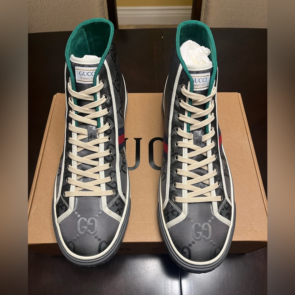 New Gucci Tennis 1977 GG Supreme Logo Gray High Sneaker Shoes UK 13 / US 13.5 - Picture 11 of 16